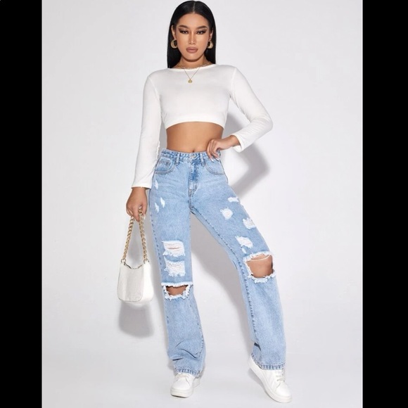 Womens light wash ripped straight leg denim jeans brand new without tags - Picture 3 of 9